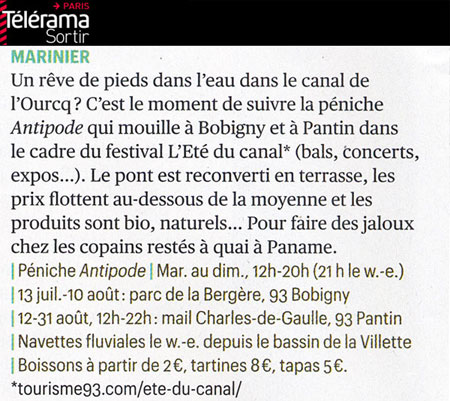 article Télérama Sortir "L'été du canal" • 3 juillet 2013