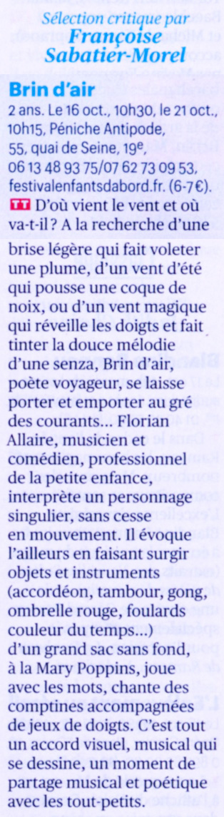 Article Télérama Sortir "Brin d'air" • n°3380 du 22 octobre 2014